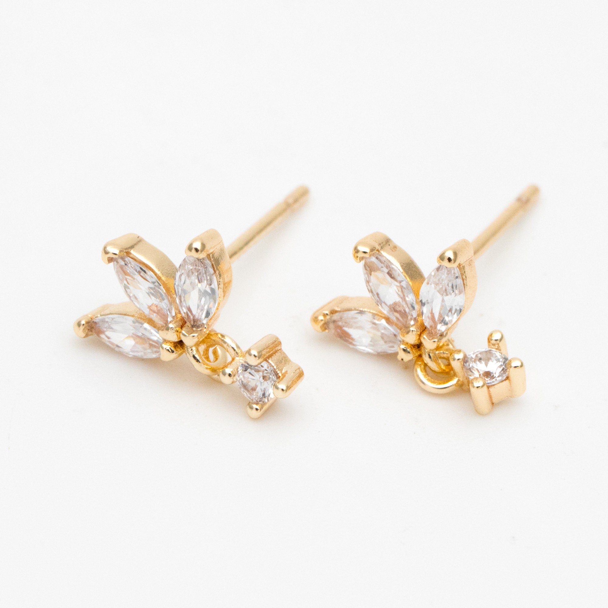 10pcs CZ Pave Gold/ Silver Leaf Earring Posts, Flower Earring, Gold/ Rhodium Plated Brass, Jewelry Supplies (GB-3397)